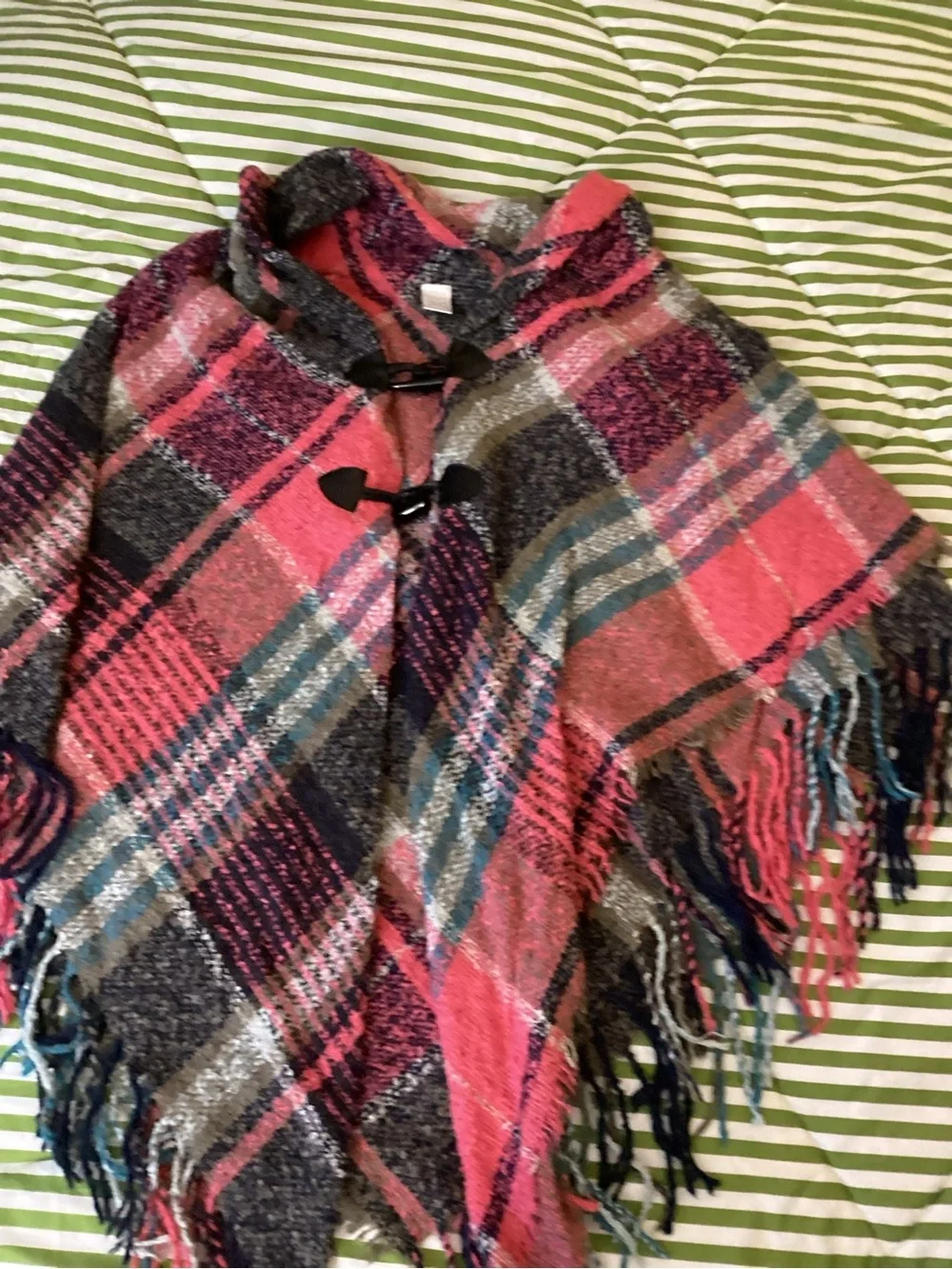 Women’s Plaid Navy and Coral Fringe Toggle Poncho Cape